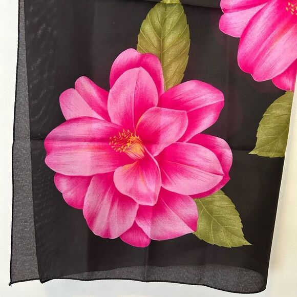 Italian Tropical Hibiscus pink Flower Black Square Scarf Made In Italy 30”X30 ar - Picture 3 of 9